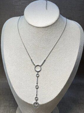 Sterling Silver 925 MJI CZ Lariat Necklace 16” Circle Drop Pendant